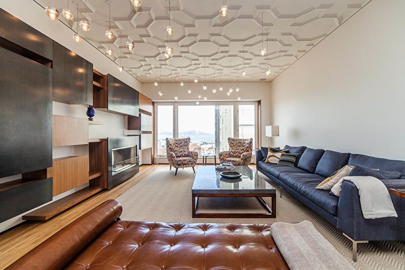 Plasterboard ceiling in the living room - photo