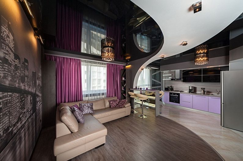 Two-level plasterboard ceiling in the living room