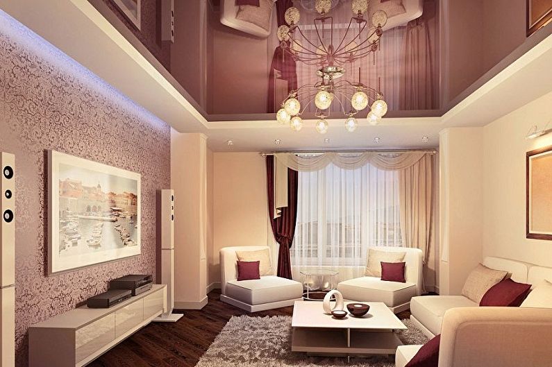 Two-level plasterboard ceiling in the living room