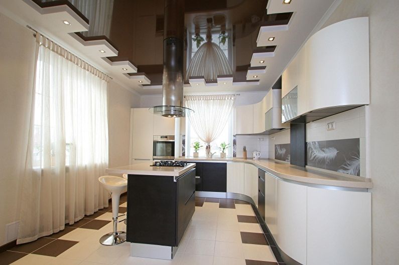 Two-level plasterboard ceiling in the kitchen