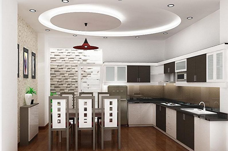 Two-level plasterboard ceiling in the kitchen