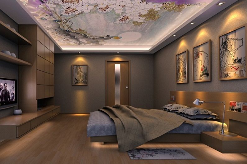 Two-level plasterboard ceiling in the bedroom