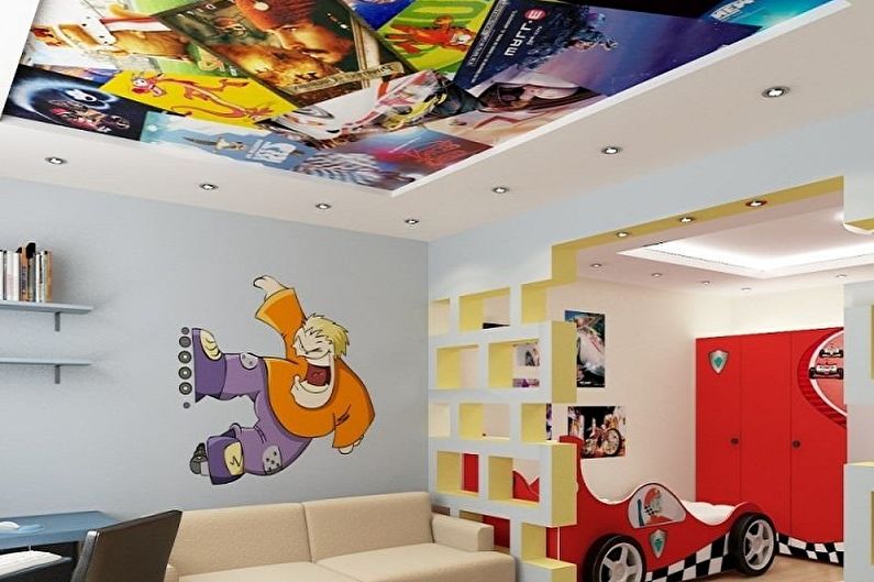 Two-level plasterboard ceiling in a children's room