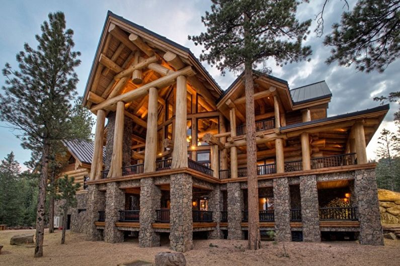 Modern projects of houses from a log house - Combination of logs and stone