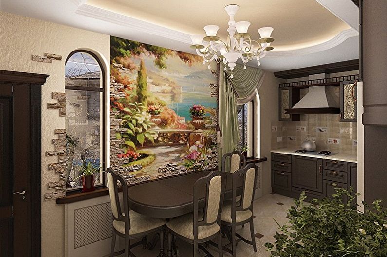 Fresco op de muur in het interieur van de keuken