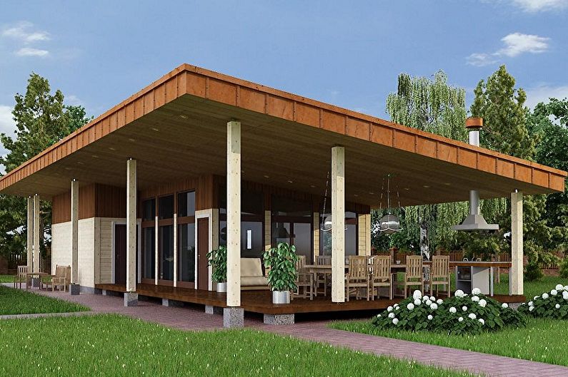 Moderne projekter i en-etagers huse - En-etagers hus med et sommerkøkken