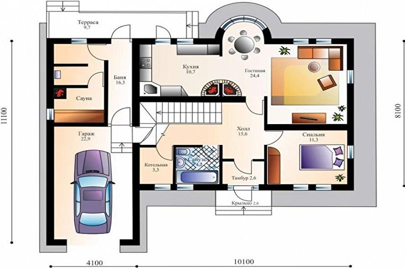 Moderne projekter i en-etagers huse - En-etagers hus med en garage