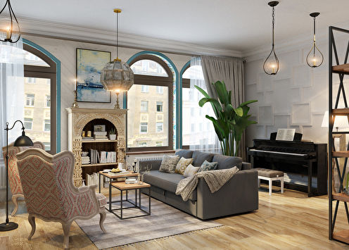 Ethnic-style kitchen-living room