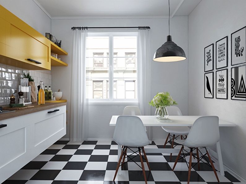 Scandinavian style kitchen floor design - black and white tiles