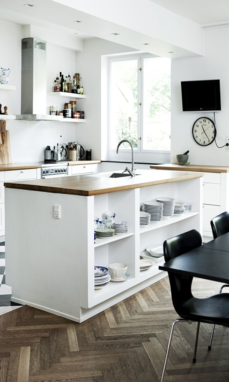 Scandinavian style kitchen floor design - herringbone parquet