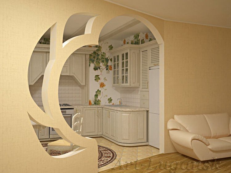 Design of a decorative plasterboard arch in the kitchen