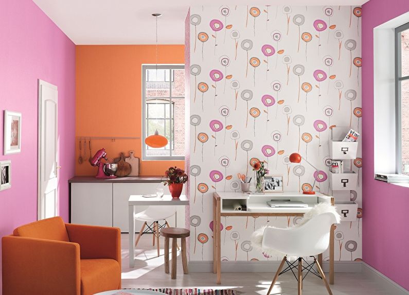 Wallpaper for the kitchen combined with the living room