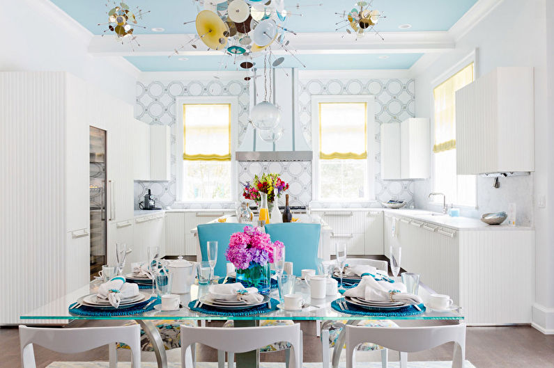 White-blue wallpaper for the kitchen - design photo
