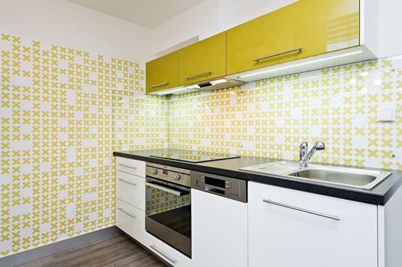 Yellow wallpaper for a small kitchen - design photo
