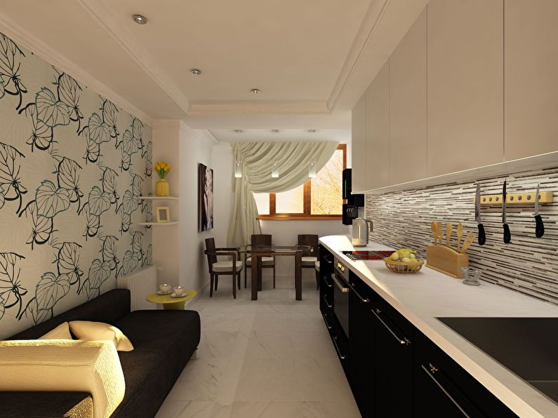 Light wallpaper for black and white kitchen - photo design