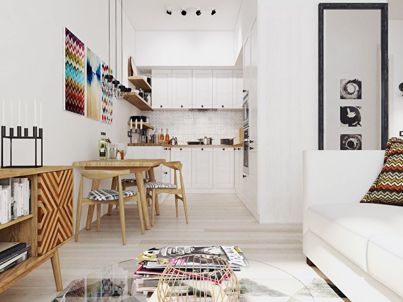 Interior of a small apartment of 30 m2 in a Scandinavian style