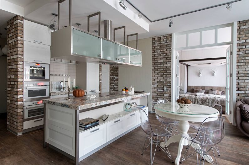 Decorative stone in the interior of the kitchen - photo