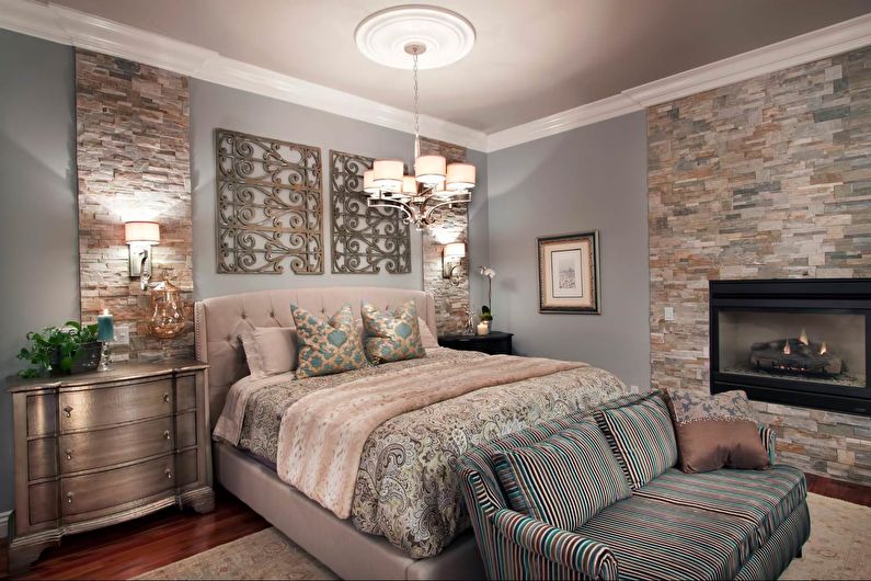 Decorative stone in the bedroom interior - photo