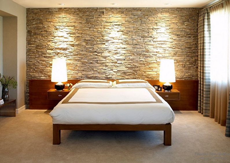 Decorative stone in the bedroom interior - photo
