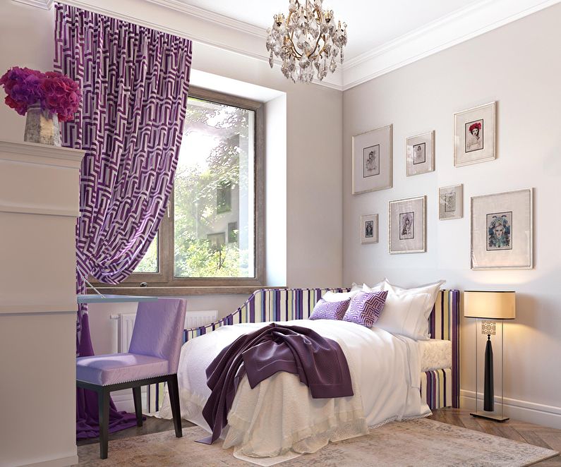 Design of a small bedroom in purple tones - photo