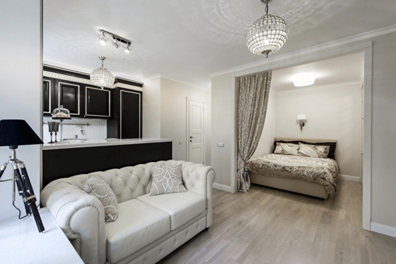 Combining a small bedroom with a living room - photo design