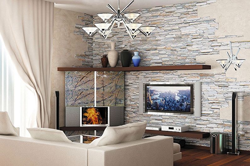 Decorative stone in the interior of the living room
