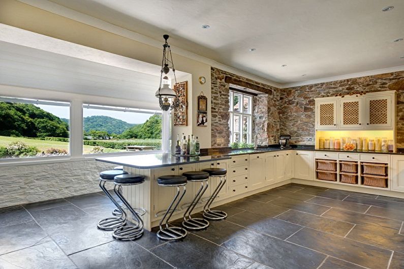 Decorative stone in the interior of the kitchen