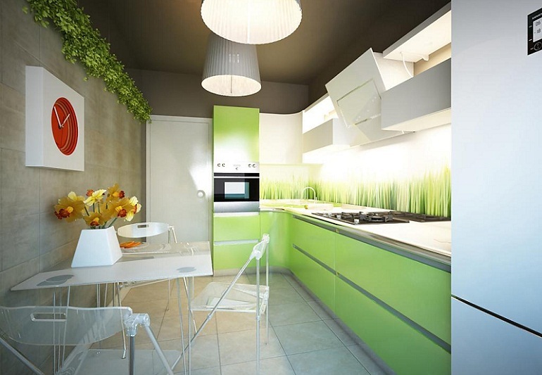 White-green kitchen in the style of minimalism - Interior Design