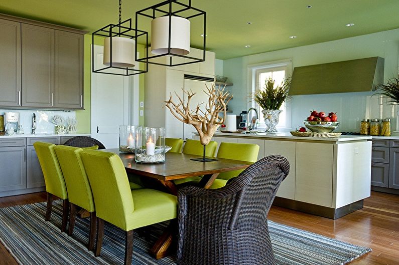 Interior design of a white-green kitchen - photo