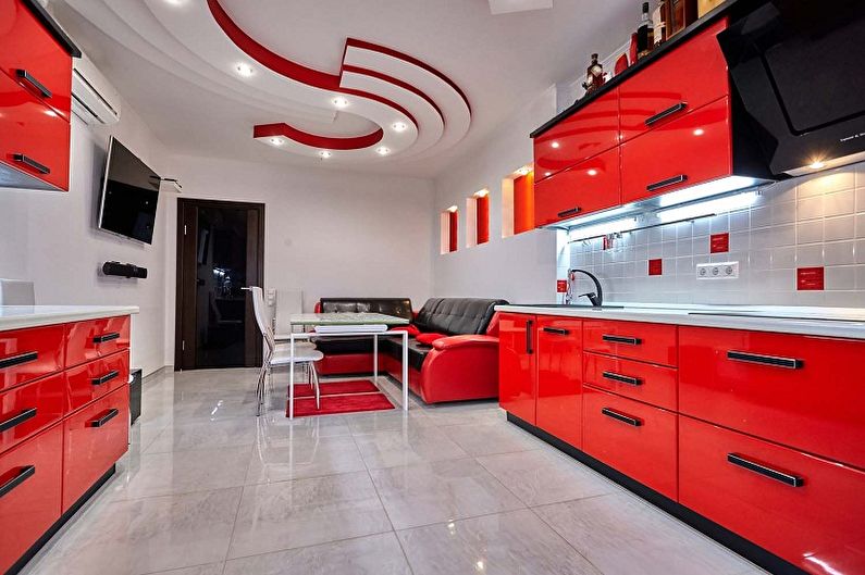 Red kitchen in the style of minimalism - Interior Design